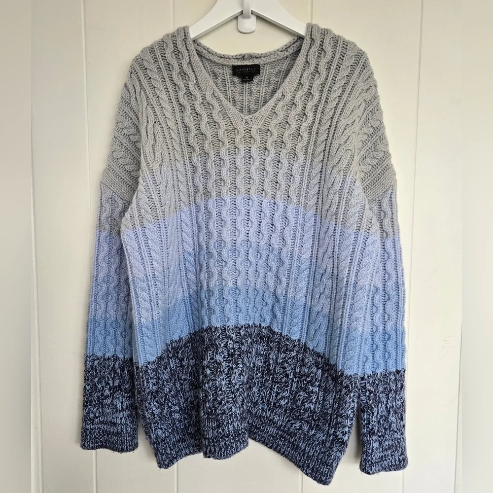Carlisle Merino Wool Blend V-Neck Sweater with Gray and Blue Trim Size L - Picture 1 of 9